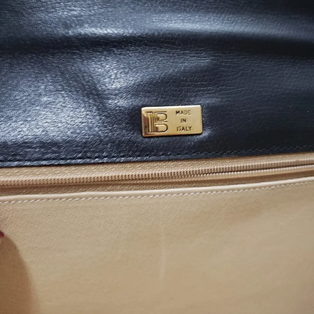 Vintage Genuine Leather Top Handle Handbag Black Gold - Picture 9 of 10